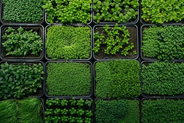 Poster - A top-down view of a microgreen farm, featuring trays filled with various types of microgreens, all in different stages of growth. Generative AI