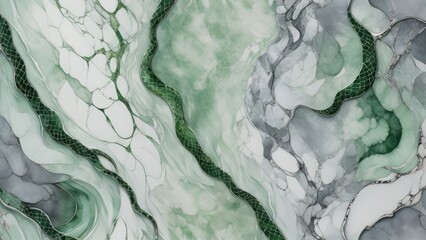 Background of delicate scales and serpentine body patterns on a green snake, watercolor green and gray illustration for banner, poster. Symbol of 2025 year. Marble stone background