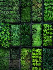 Poster - A top-down view of a microgreen farm with rows of trays filled with different types of microgreens. Generative AI