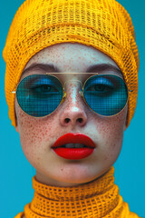 Wall Mural - A woman with red lips and blue sunglasses is wearing a yellow hat