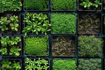 Poster - A close-up view of a microgreen farm, showing numerous trays filled with various types of microgreens in different stages of growth. Generative AI