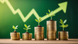 © Verydude - A seedling is growing on a coin lying on the ground. Green investment concept, increasing money to invest. Digital financial growth concept with green curve chart stock market yield on the background
