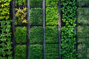 Poster - A top-down view of a microgreen farm with rows of trays filled with different types of microgreens. Generative AI