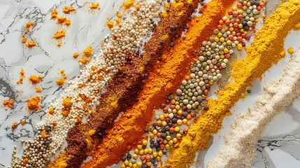 Poster - A close-up of various spices, including turmeric, coriander, and paprika, arranged in lines on a white marble surface. Generative AI