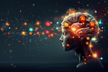 Poster - AI Brain with Digital Nodes, Glowing Lights, Futuristic Technology, Cyber Intelligence, High Tech Neural Network, Artificial Mind