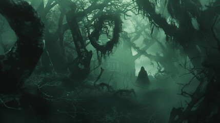 Wall Mural - A dark and eerie forest, twisted trees and thick fog, a shadowy figure lurking among the trees. The background features distant, barely visible ruins. Mysterious, low lighting with heavy shadows and a