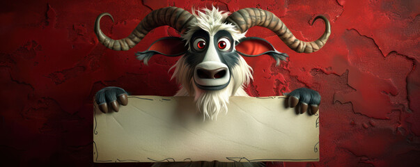 Wall Mural - Amusing Cartoon Goat with Large Horns and Red Background Holding a Blank Sign Ready for Custom Text or Advertisement