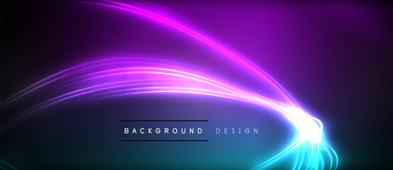 Neon glowing circle rays, light round lines in the dark, planet style neon wave lines. Energetic electric concept design for wallpaper, banner, background