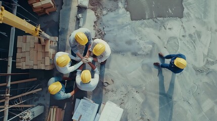 Fototapete - Top down aerial view of architect engineer team shake hands and discussing about building construction Group of diverse people working together to plan and design by using blueprint Al : Generative AI
