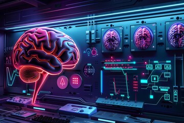 Canvas Print - Futuristic brain scan display with neon lights and digital interface, high tech medical AI illustration, vibrant colors and detailed design