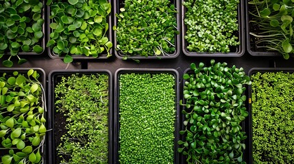 Poster - A top-down view of a microgreen farm with rows of trays filled with various types of microgreens. Generative AI
