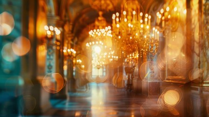 A blur of vibrant colors intricate patterns and tered light hint at the grandeur and opulence of a Renaissance palace interior. .