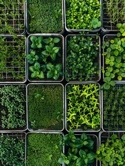 Poster - A top-down view of a microgreen farm featuring rows of trays filled with a variety of microgreens. Generative AI