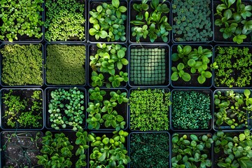 Poster - A top-down view of a microgreen farm with numerous trays filled with different varieties of microgreens. Generative AI
