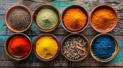 Poster - A top-down view of colorful spices arranged in beautiful ceramic bowls on a rustic wooden surface. Generative AI