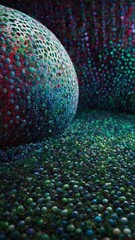Poster - Sphere adorned with multitude of vibrant dots rests upon surface strewn with similar dots, merging into background through clever play on perspective, depth, accentuated by strategic use of light.