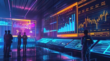 Poster - Futuristic finance analytics dashboard with teams analyzing market trends and forecasting future conditions displayed on a large digital screen in a modern neon lit office interior setting