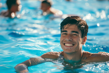 Young man swimming in a pool with a bright smile in his swimsuit, enjoying the refreshing water under the heat of summer, capturing the essence of vacation fun