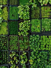 Poster - An overhead view of a microgreen farm with rows of trays filled with different types of microgreens. The trays are neatly organized in a grid pattern. Generative AI