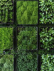 Poster - An overhead view of a microgreen farm, showcasing various types of microgreens grown in neatly arranged trays. Generative AI