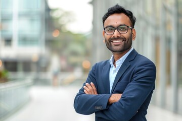 Portrait of handsome indian businessman standing with arms crossed, smiling and looking at camera