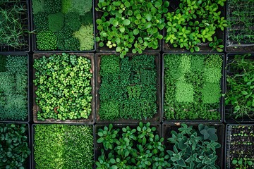 Poster - A top-down view of a microgreen farm, showing rows of trays filled with different types of microgreens. Generative AI