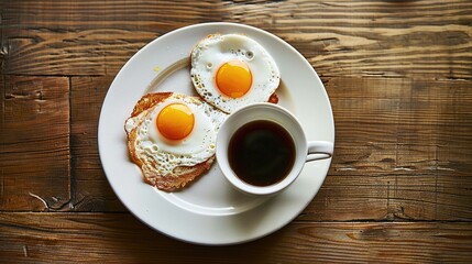 Sticker - Traditional British breakfast with two eggs cooked sunny side up served on a white plate placed on a wooden table alongside black tea and milk