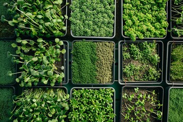 Poster - A top-down view of a microgreen farm featuring rows of trays filled with various types of microgreens. The green shoots are thriving, showcasing the freshness and vitality of these young plants. 