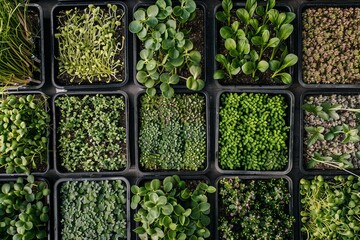 Poster - A top-down view of a microgreen farm with rows of trays filled with a variety of microgreens, showing a diverse selection of seedlings at different stages of growth. Generative AI