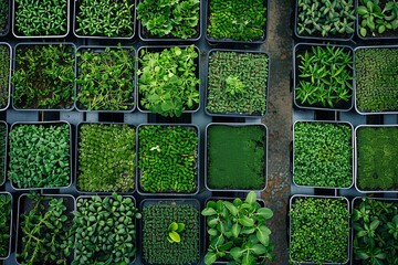 Poster - A top-down view of a microgreen farm showcasing rows of trays filled with various types of microgreens. Generative AI