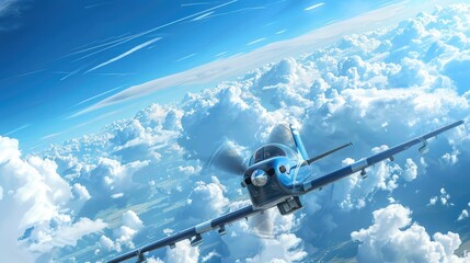 Poster - Blue aircraft soaring in a blue sky with white clouds