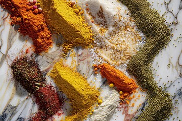 Poster - A close-up image of various spices, including turmeric, coriander, and paprika, scattered on a white marble surface. Generative AI