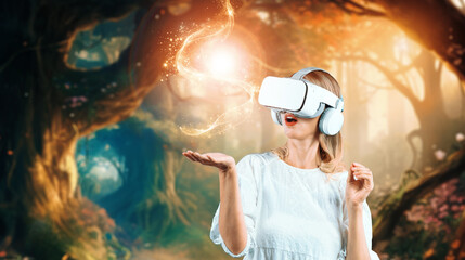 Wall Mural - Girl with VR goggles and standing while holding light flare and standing at magical forest. Woman looking at hologram in hands while connecting metaverse surrounded with fantasy world. Contraption.