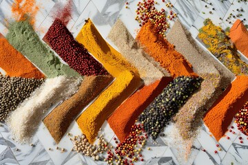 Poster - A close-up shot of various spices, such as turmeric, coriander, and paprika, arranged in a diagonal pattern on a white marble surface. Generative AI