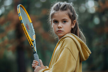 Wall Mural - A portrait of a child girl wears tennis clothes holds a racket in her hands in the park in summer day