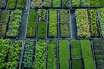 Poster - A top-down view showcasing a microgreen farm with rows of trays filled with various types of microgreens. Generative AI
