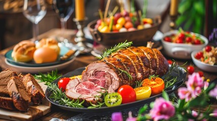 Wall Mural - Easter table featuring cooked meat