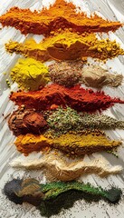Poster - A close-up image of various spices, including turmeric, coriander, and paprika, laid out on a white surface. Generative AI