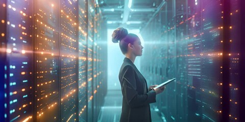 Successful Female Data Center IT Specialist Using Tablet Computer, Turning Augmented VFX Visualization on Server Farm Cloud Computing Facility