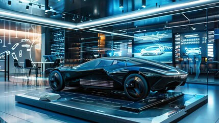 a black high tech futuristic software defined vehicle on a moving pedestal , still in developmental phase , modern high tech environment , airbrushes and glass walls showing digital car design