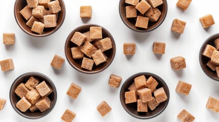 Wall Mural - Top view of bowls containing brown sugar cubes on a white background