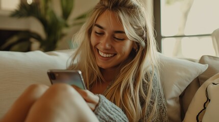 Wall Mural - Happy blonde teen texting on her smartphone on the couch at home; social media and communication concept