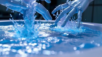 Two robotic hands splash in a pool of blue water, creating a wave of bubbles
