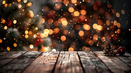 Wall Mural - Abstract Christmas background with wooden table in front of Xmas tree New Year bokeh celebration scene