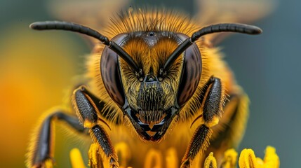 Wall Mural - Frontal macro view of the bee, showing its head, compound eyes and mandibles. generative ai