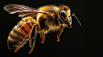 bee in profile, highlighting the extension of its wings, legs and the shape of its body. generative ai