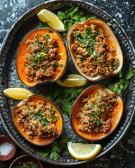 Wall Mural - Four oven-roasted stuffed butternut squashes with savory meat filling garnished with chopped herbs and lemon wedges on a rustic platter