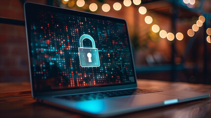 Poster - digital padlock display on laptop, cyber security technology online internet data protection cyber t