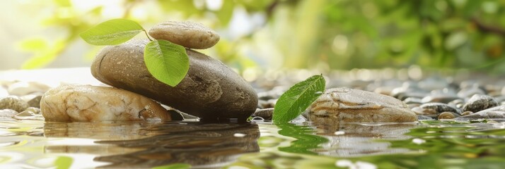 Close-up photo of three smooth rocks stacked in a shallow stream of water with leaves resting on top