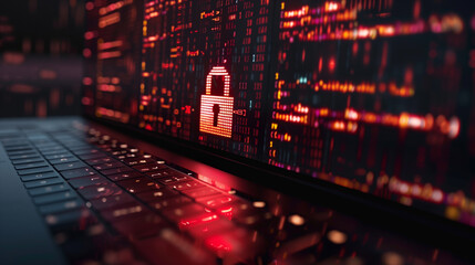 Poster - digital padlock display on laptop, cyber security technology online internet data protection cyber t